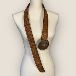 Vintage Tooled Leather Belt Eagle Buckle Crumrine Silverplate USA